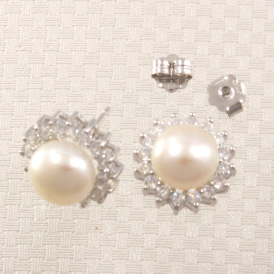 Sterling Silver White Pearl & Cubic Zirconia Stud Earrings – Halo Design