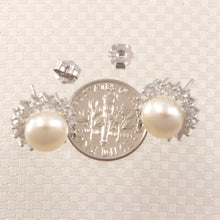 Load image into Gallery viewer, Sterling Silver White Pearl &amp; Cubic Zirconia Stud Earrings – Halo Design