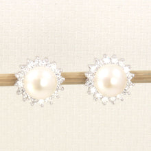 Load image into Gallery viewer, Sterling Silver White Pearl &amp; Cubic Zirconia Stud Earrings – Halo Design