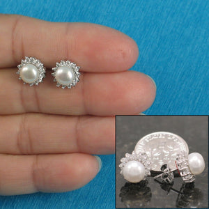 Sterling Silver White Pearl & CZ Stud Earrings – Classic Halo Style