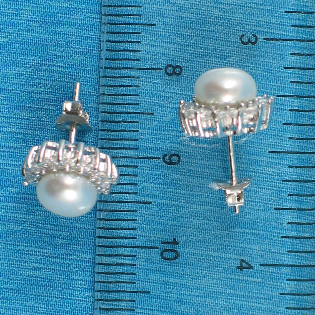 Sterling Silver CZ Frame Cultured Pearl Stud Earrings
