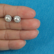 Load image into Gallery viewer, Sterling Silver White Pearl &amp; CZ Stud Earrings – Classic Halo Style