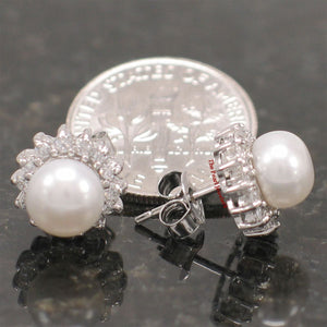 Sterling Silver CZ Frame Cultured Pearl Stud Earrings