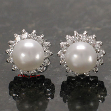 Sterling Silver White Pearl & CZ Stud Earrings – Classic Halo Style
