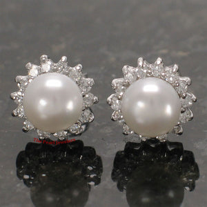 Sterling Silver White Pearl & CZ Stud Earrings – Classic Halo Style