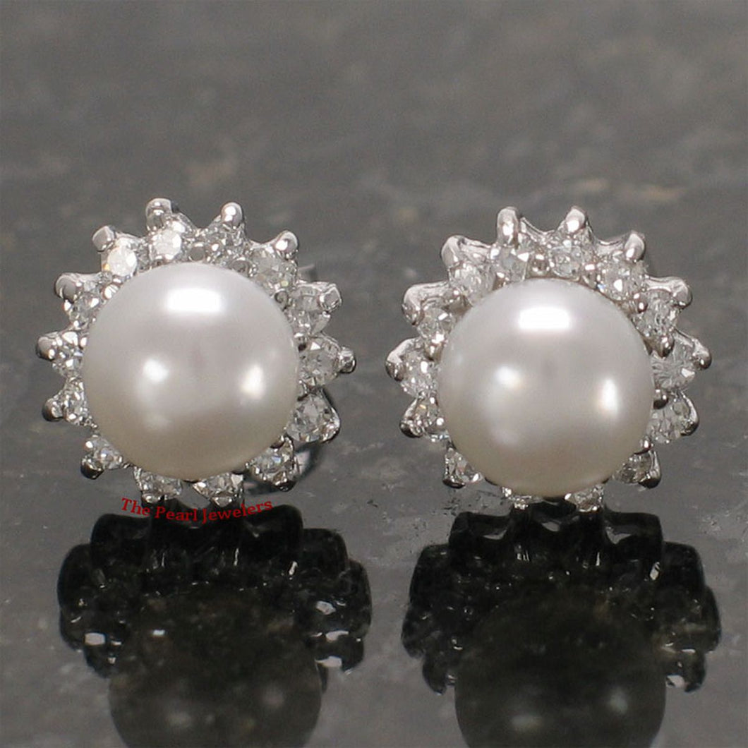 Sterling Silver White Pearl & CZ Stud Earrings – Classic Halo Style