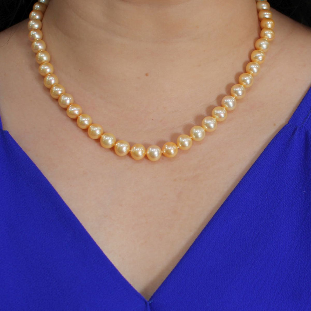 Golden Cultured Pearl Hand-Knotted Necklace with CZ Magnet Clasp