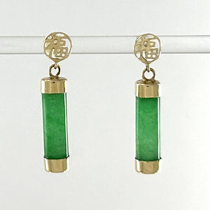 14K Solid Yellow Gold Good Fortune Dangle Green Jade Earrings