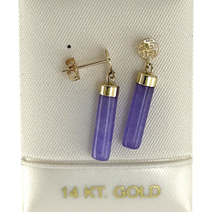 14K Yellow Gold Good Fortune Dangle Tube Lavender Jade Earrings