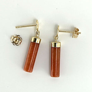 14K Yellow Gold Good Fortune Red Jade Dangle Earrings