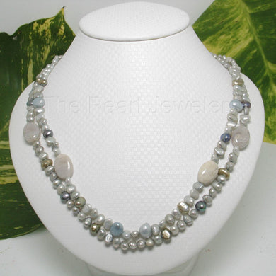 Gray Freshwater Pearl & Agate Double Strand Necklace with 925 Silver Clasp