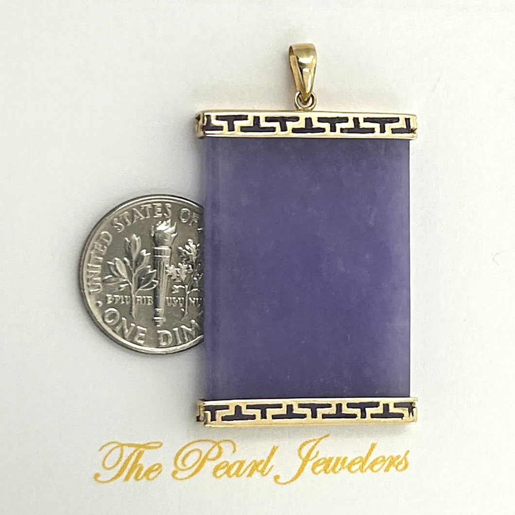 Greek Key Design 14k Yellow Solid Gold Rectangle Lavender Jade Board Pendant