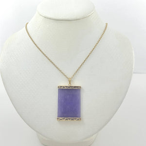 Greek Key Design 14k Yellow Solid Gold Rectangle Lavender Jade Board Pendant
