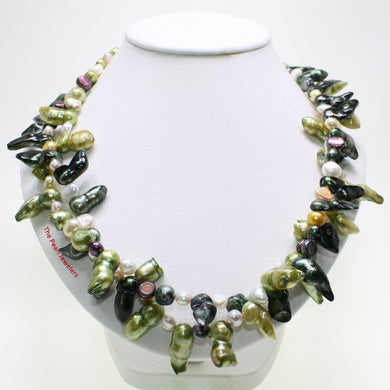 Green Baroque Pearl Twist Necklace – Double Strand .925 Silver