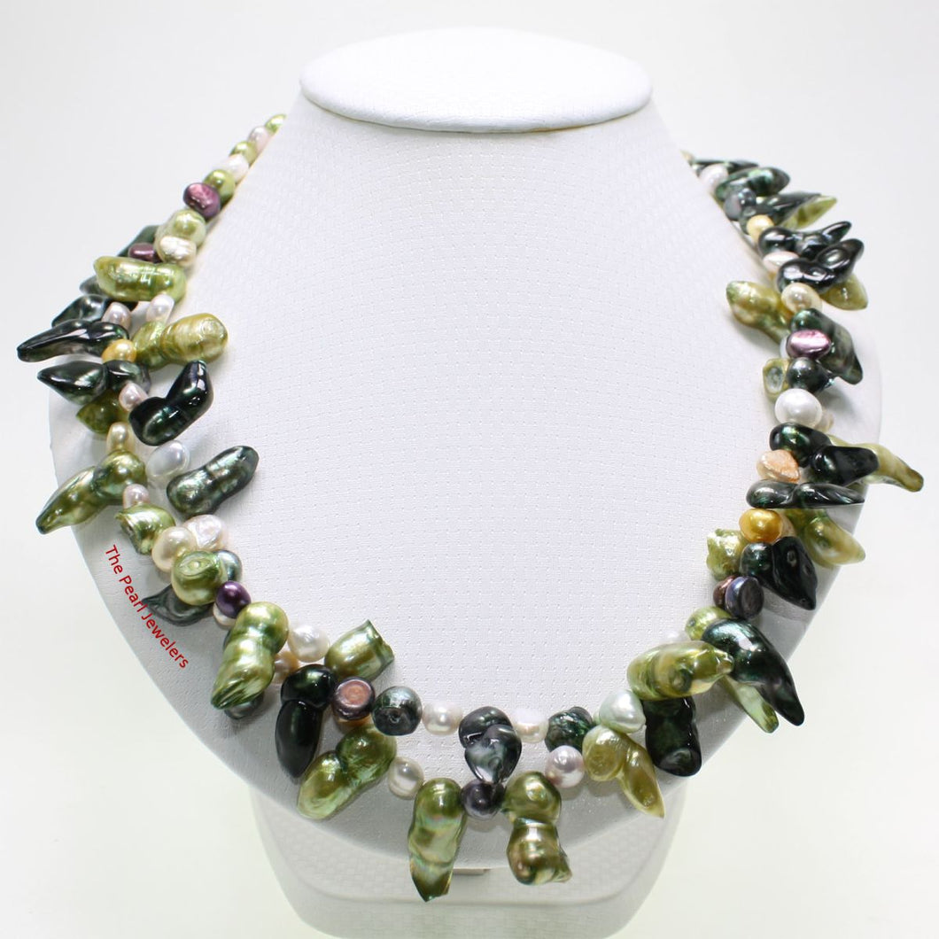 Green Baroque Pearl Twist Necklace – Double Strand .925 Silver