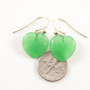 14K Yellow Gold Genuine Green Jade Heart Drop Earrings