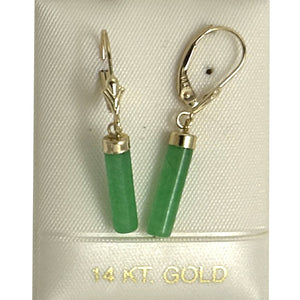 14kt Solid Yellow Gold Leverback Dangle Green Jade Earrings