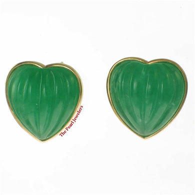 14K Yellow Gold Shell Heart Green Jade Stud Earrings