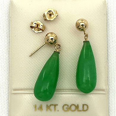 14K Yellow Gold Green Jade Teardrop Earrings