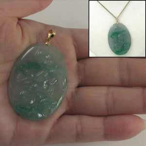 Hand Carved Hare Celadon Green Oval Jade Pendant 14k Yellow Gold