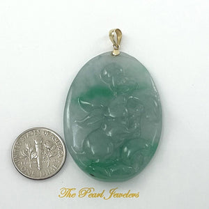 Hand Carved Hare Celadon Green Oval Jade Pendant 14k Yellow Gold