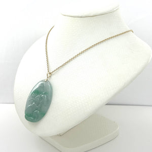 Hand Carved Hare Celadon Green Oval Jade Pendant 14k Yellow Gold