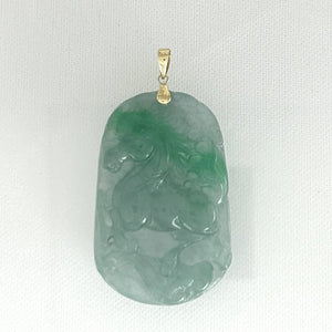 Hand Carved Horse Celadon Green Jade 14k Gold Pendant Necklace