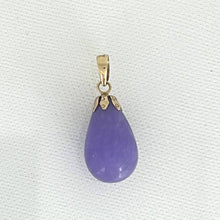 Load image into Gallery viewer, Hand Carved Raindrop Lavender Jade 14k Solid Yellow Gold Pendant