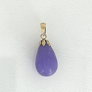 Hand Carved Raindrop Lavender Jade 14k Solid Yellow Gold Pendant