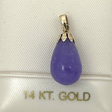 Load image into Gallery viewer, Hand Carved Raindrop Lavender Jade 14k Solid Yellow Gold Pendant