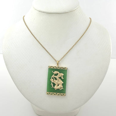 Hand Crafted Dragon 14k Solid Yellow Gold Green Jade Pendant Necklace