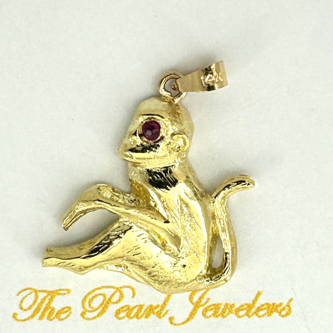Handcrafted Chinese Zodiac Monkey Ruby Eye 14k Solid Gold Pendant