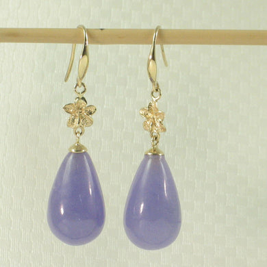 14K Yellow Gold Hawaiian Plumeria Raindrop Lavender Jade Hook Earrings