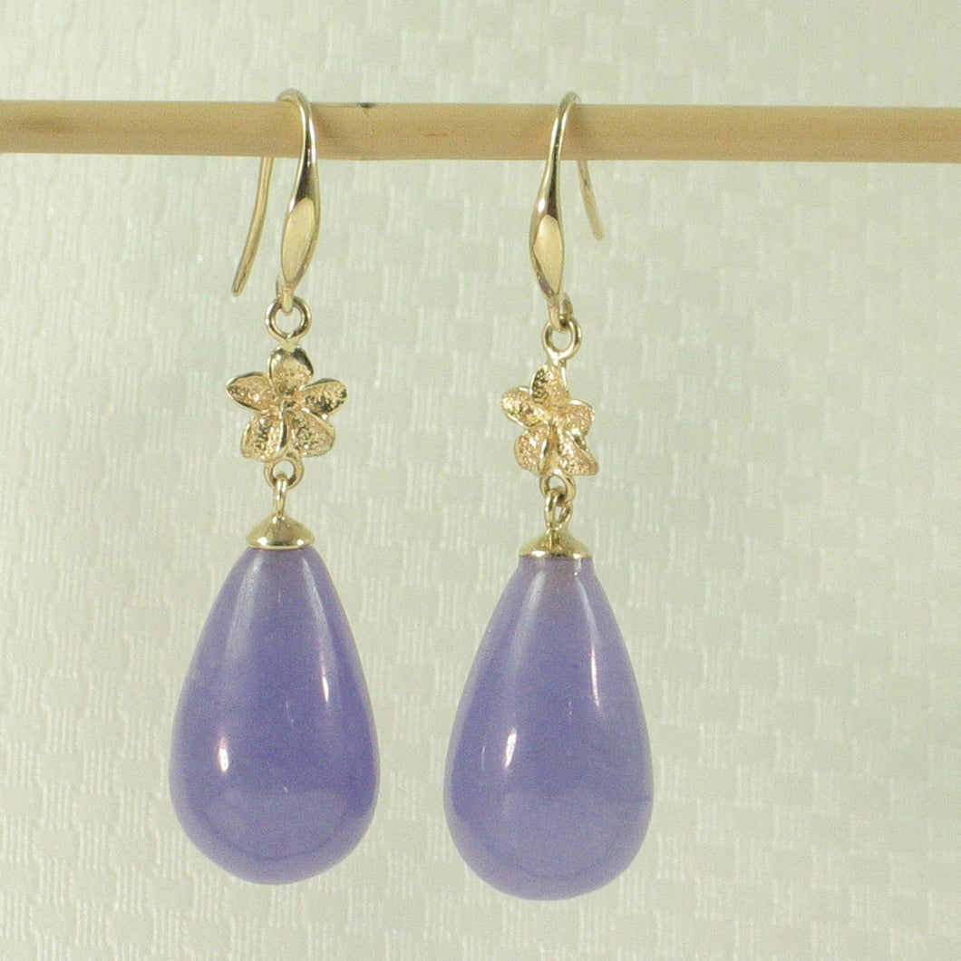 14K Yellow Gold Hawaiian Plumeria Raindrop Lavender Jade Hook Earrings