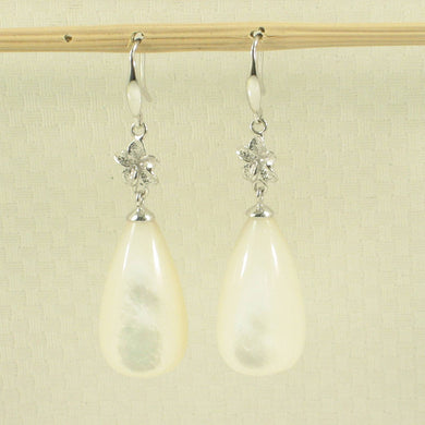 14K White Gold Hawaiian Plumeria Raindrop Mother of Pearl Hook Earrings