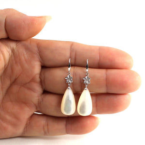 14K White Gold Hawaiian Plumeria Raindrop Mother of Pearl Hook Earrings