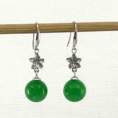 14K White Gold Hawaiian Plumeria Round Green Jade Hook Earrings