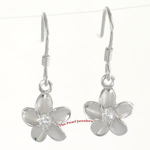10mm Hawaiian Plumeria Sterling Silver CZ Dangle Earrings
