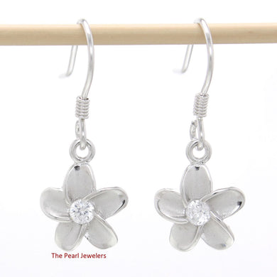 10mm Hawaiian Plumeria Sterling Silver CZ Dangle Earrings