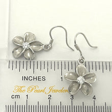 Load image into Gallery viewer, 14mm Hawaiian Plumeria Sterling Silver CZ Dangle Earrings