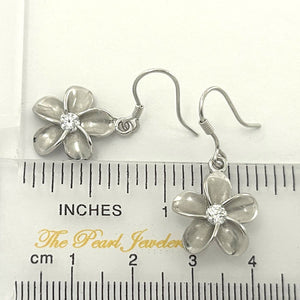 14mm Hawaiian Plumeria Sterling Silver CZ Dangle Earrings