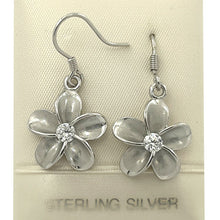 Load image into Gallery viewer, 14mm Hawaiian Plumeria Sterling Silver CZ Dangle Earrings