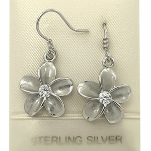 14mm Hawaiian Plumeria Sterling Silver CZ Dangle Earrings