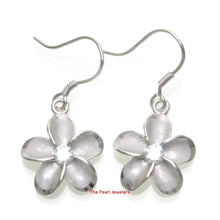 Load image into Gallery viewer, 14mm Hawaiian Plumeria Sterling Silver CZ Dangle Earrings