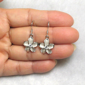14mm Hawaiian Plumeria Sterling Silver CZ Dangle Earrings