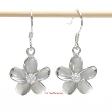 Load image into Gallery viewer, 14mm Hawaiian Plumeria Sterling Silver CZ Dangle Earrings