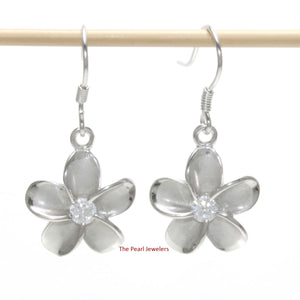 14mm Hawaiian Plumeria Sterling Silver CZ Dangle Earrings
