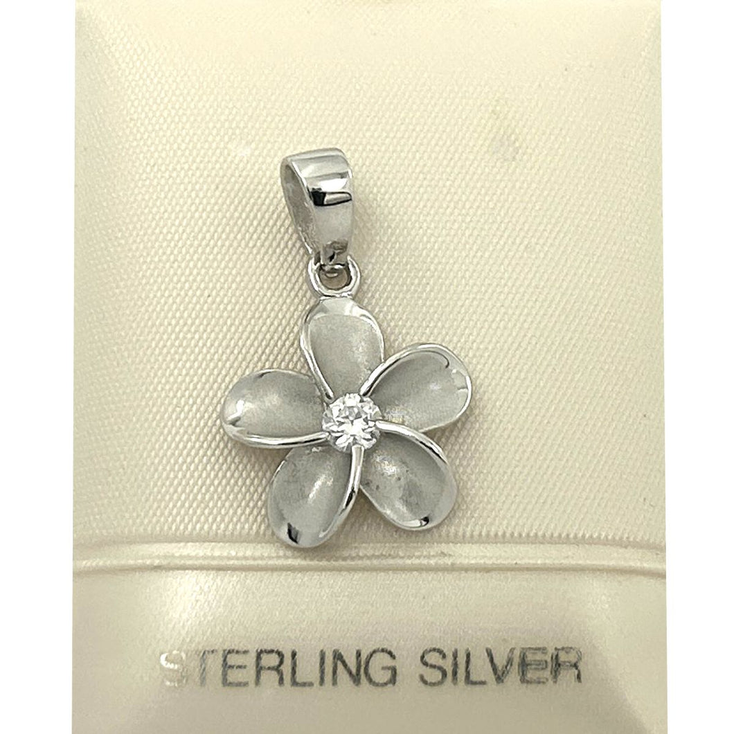 Hawaiian Plumeria Sterling Silver CZ Pendant (14mm)