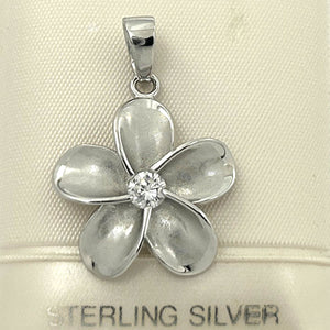 Hawaiian Plumeria Sterling Silver CZ Pendant (19mm)