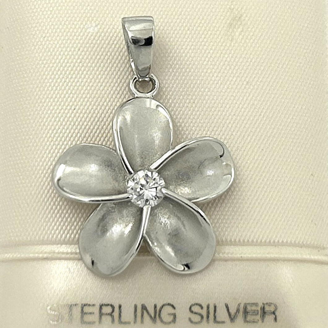 Hawaiian Plumeria Sterling Silver CZ Pendant (19mm)
